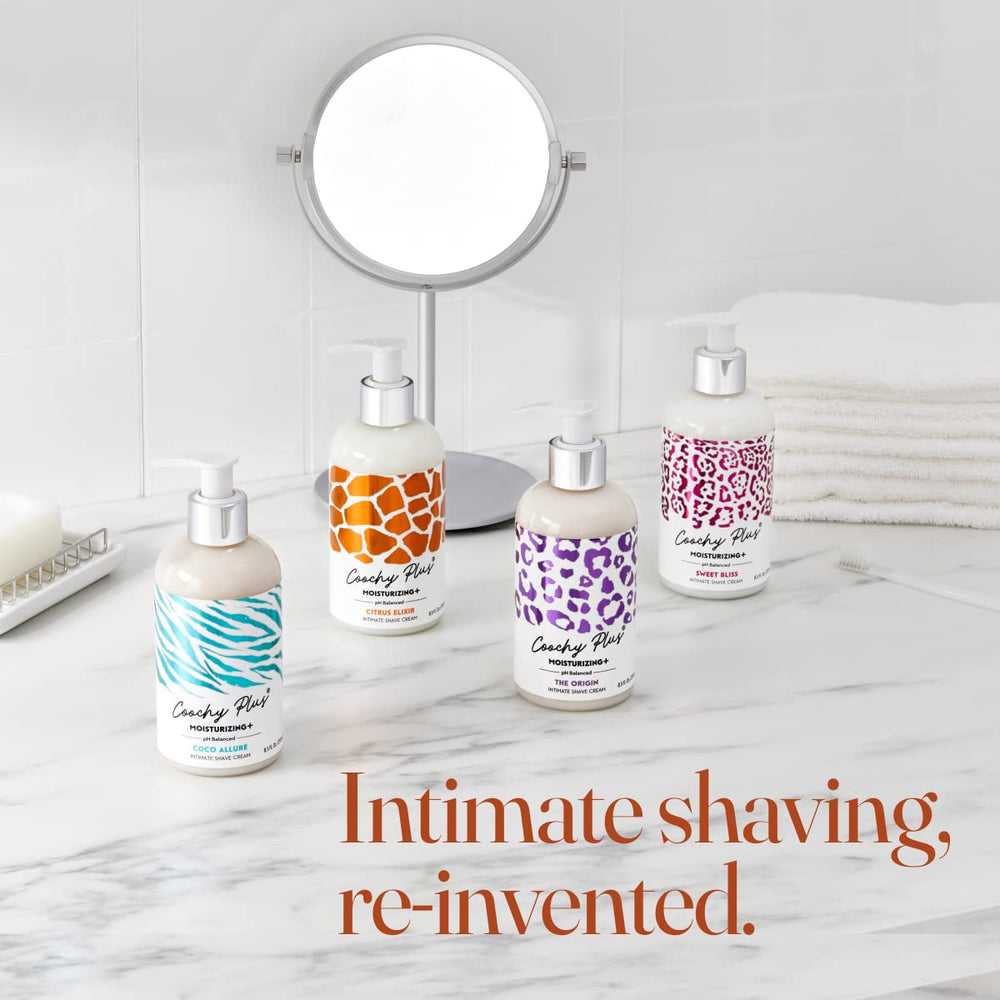 IntiMD Coochy Plus kit packaging flatlay highlights complete shaving solution.