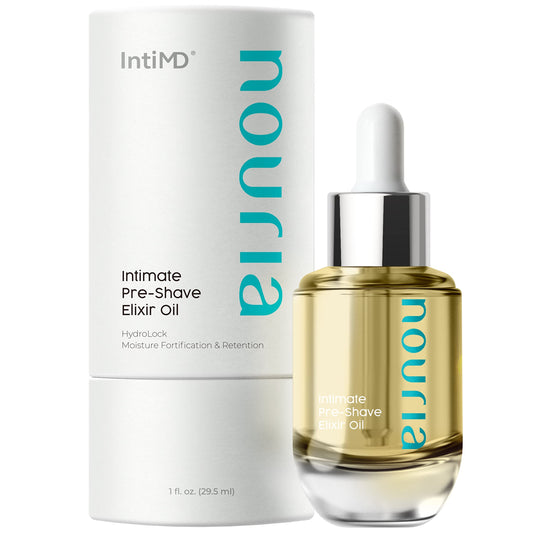 IntiMD Nouria pre-shave elixir oil bottle applying pre-shave moisture