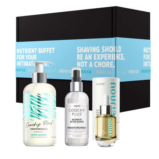 IntiMD Nouria Pre-Shave Elixir Oil bottle for hydrating prep before shaving.