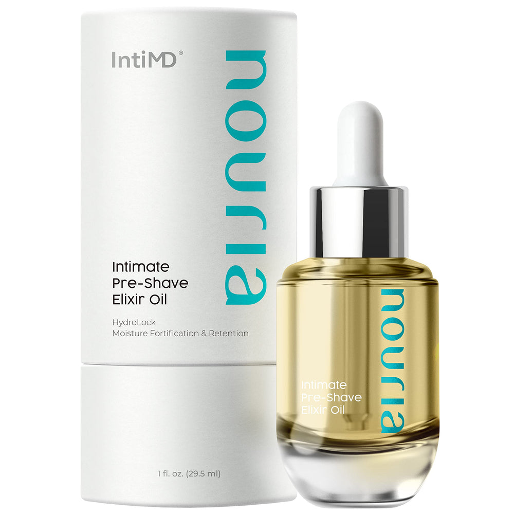 IntiMD Nouria Pre-Shave Elixir Oil close-up highlighting a hydrating formula for smoother prep.