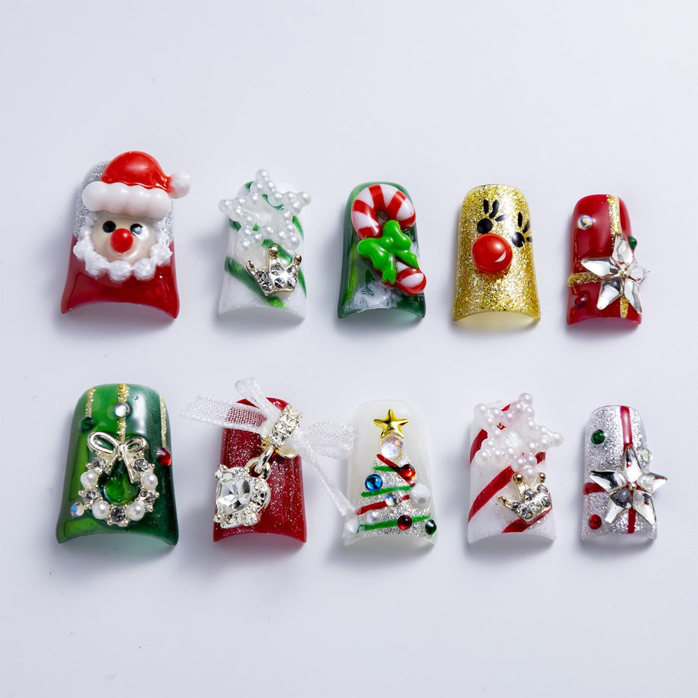 IntoVibes Christmas duck nails in red and green for festive daily wear.