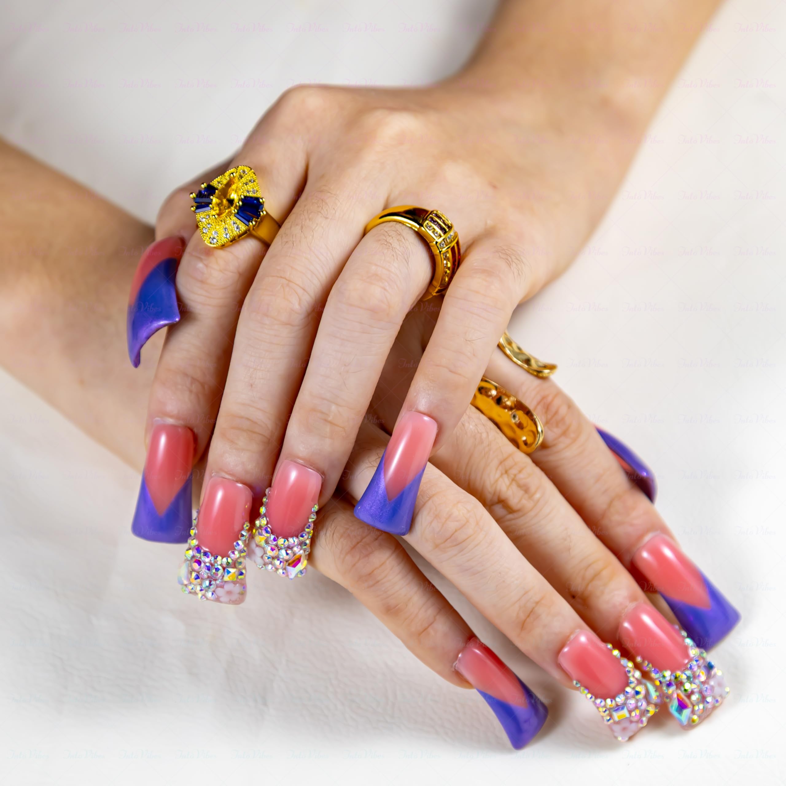 IntoVibes purple shimmer nails long length for dramatic finger extension and style impact
