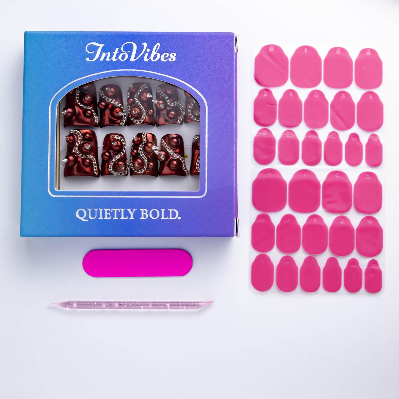 IntoVibes easy-apply press-on nails with adhesive tabs for quick changes.