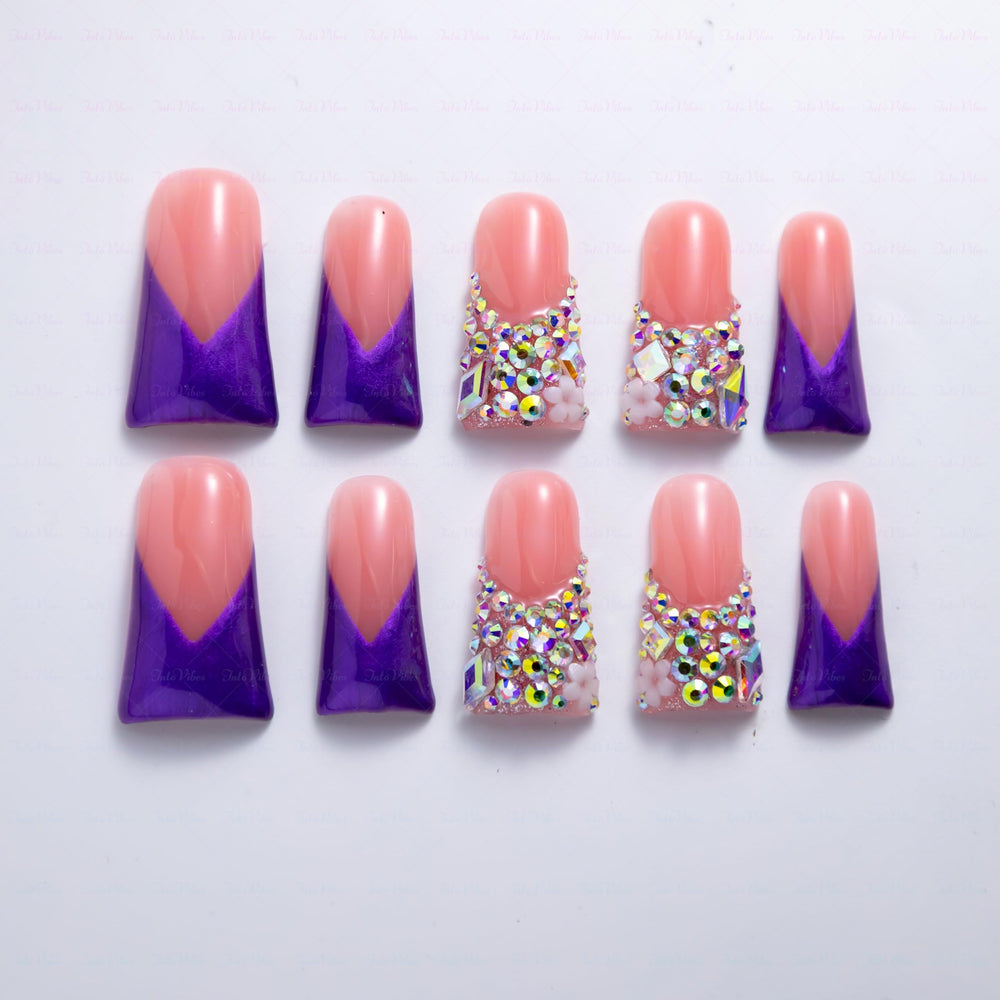 IntoVibes electric purple shimmer press-on nails with AB crystals for bold night looks.