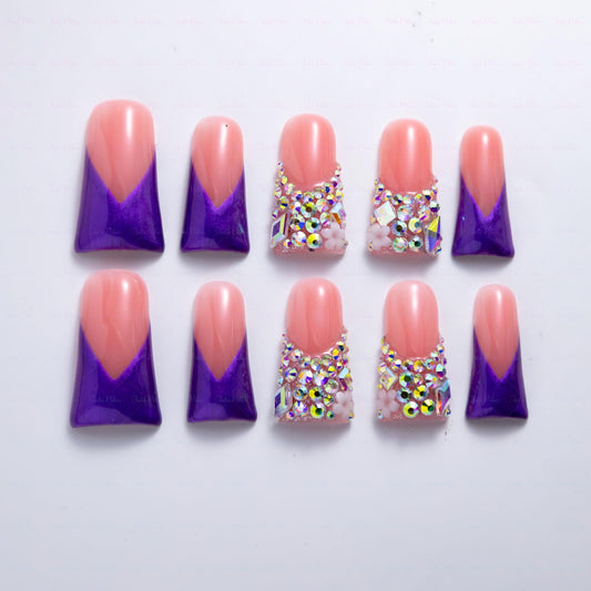 IntoVibes electric purple shimmer press-on nails with AB crystals for bold night looks.
