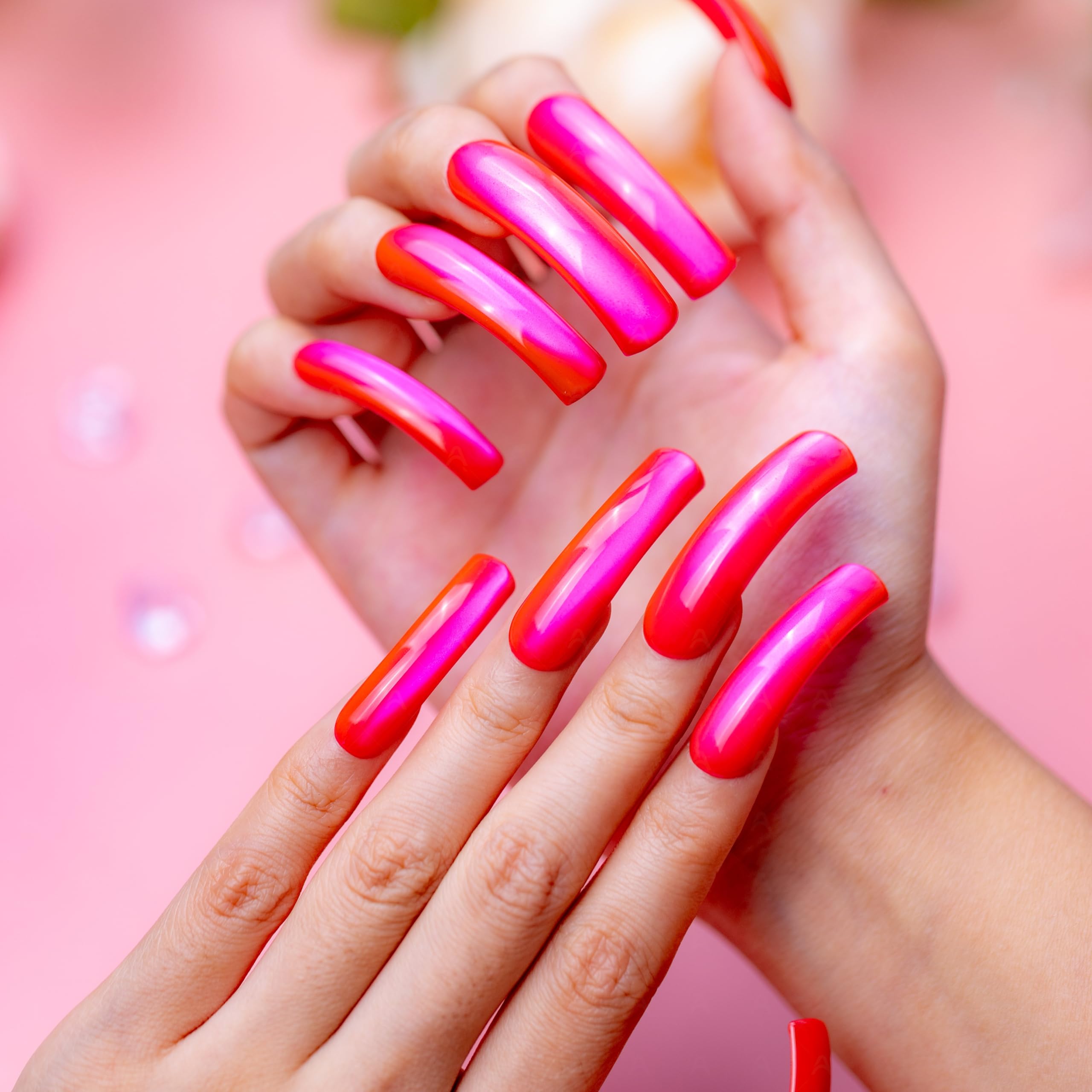 IntoVibes hot pink chrome press-on nails XL groove detail natural edge