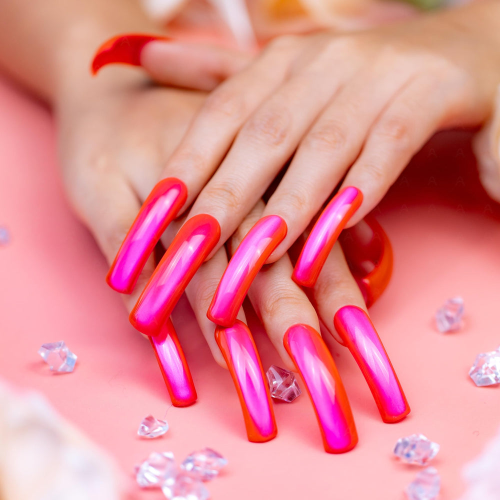 IntoVibes hot pink chrome press-on nails XL metallic shine under lighting
