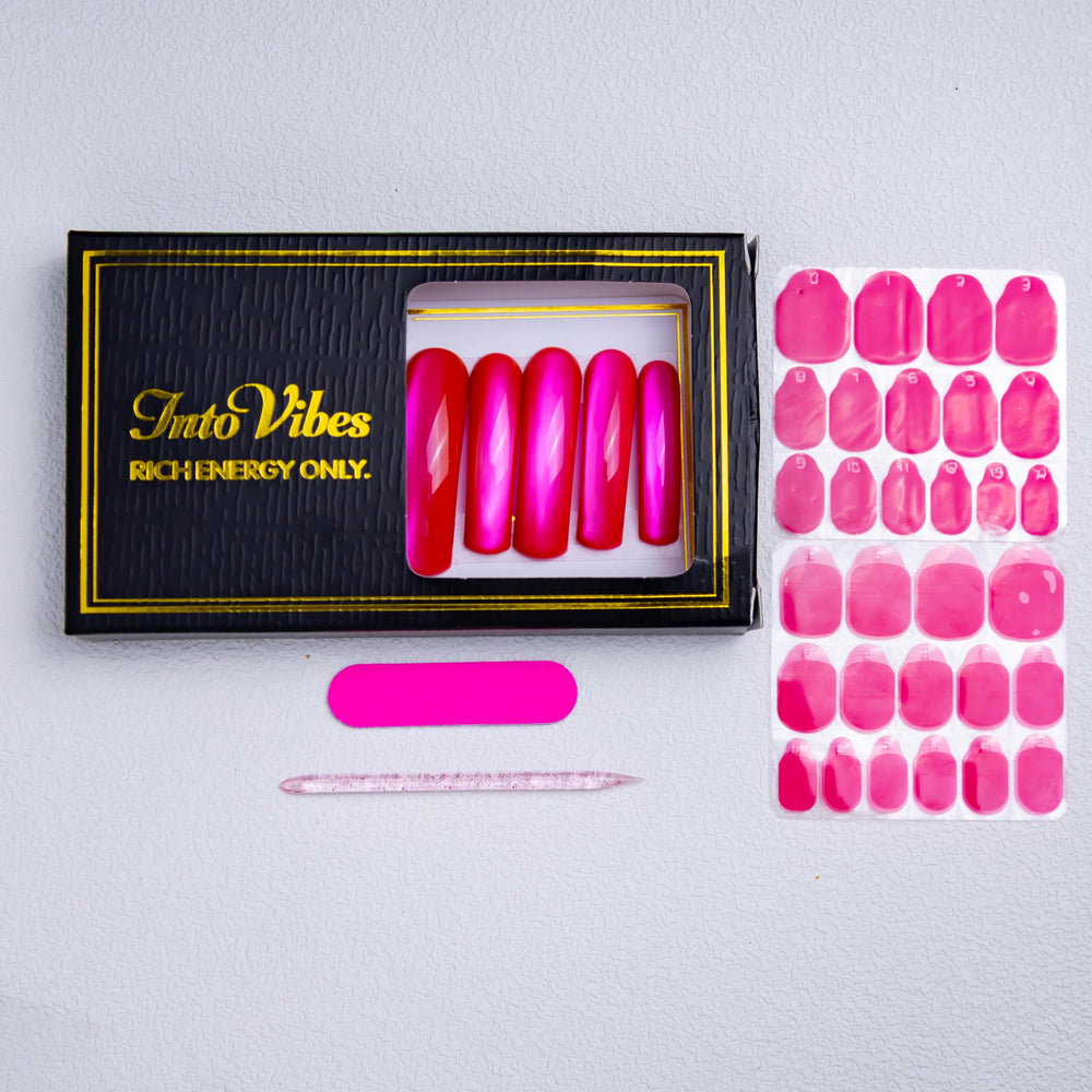 IntoVibes hot pink chrome press-on nails XL reusable pack for multiple uses