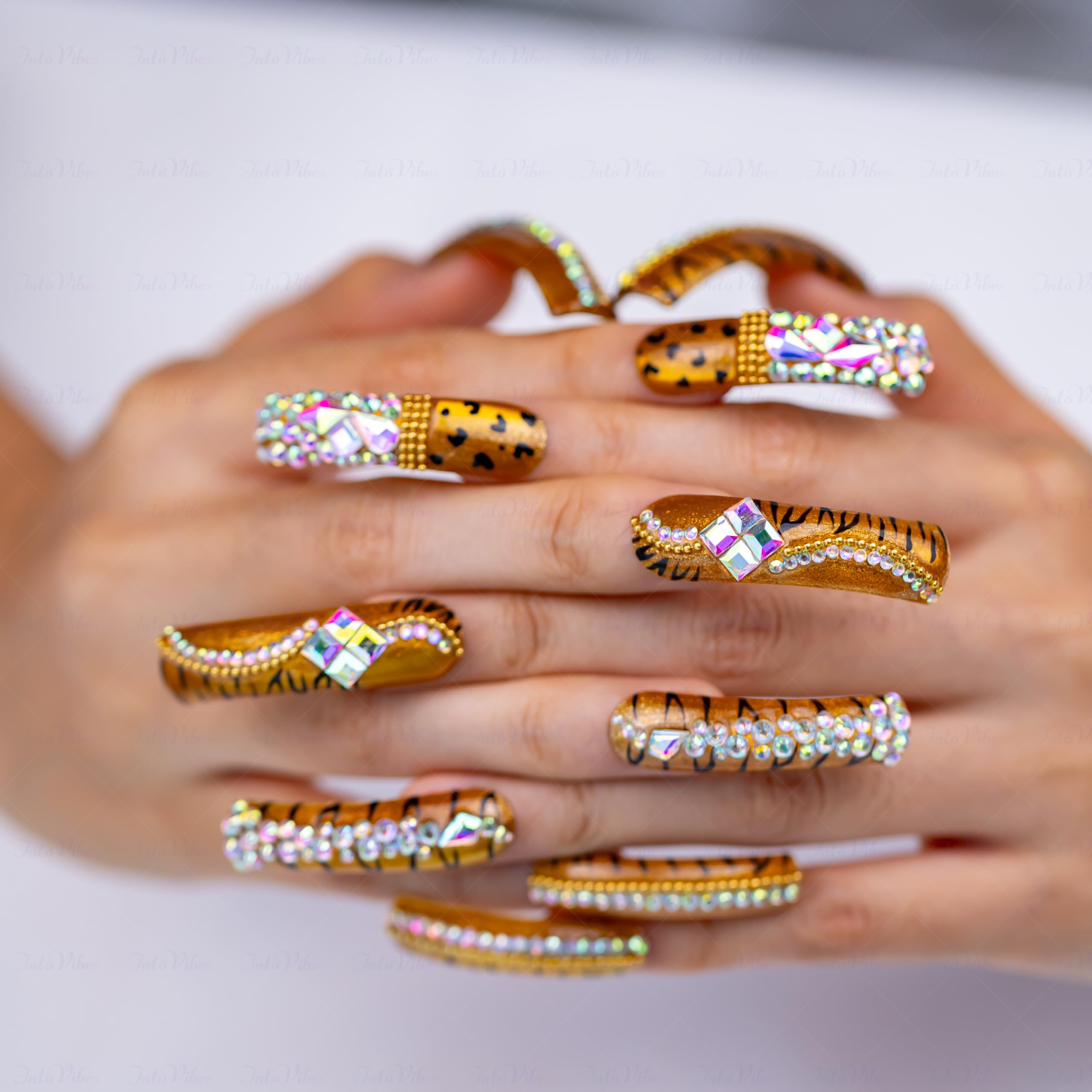 3D AB crystal nails by IntoVibes adding dimensional sparkle and luxury detail.