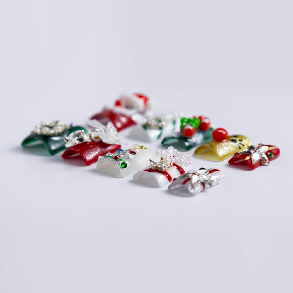 IntoVibes luxury acrylic press-on nails in red-green, reusable design.