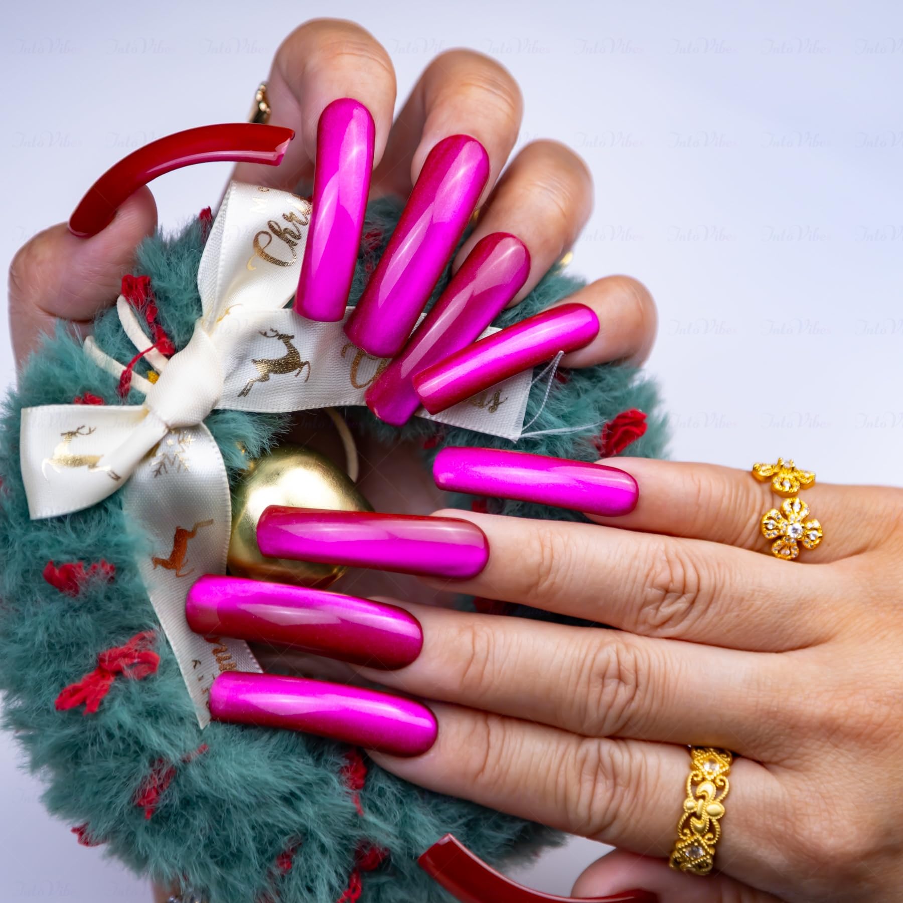 IntoVibes Purple Shimmer XL nails with curved-down groove for natural, salon-quality wear.