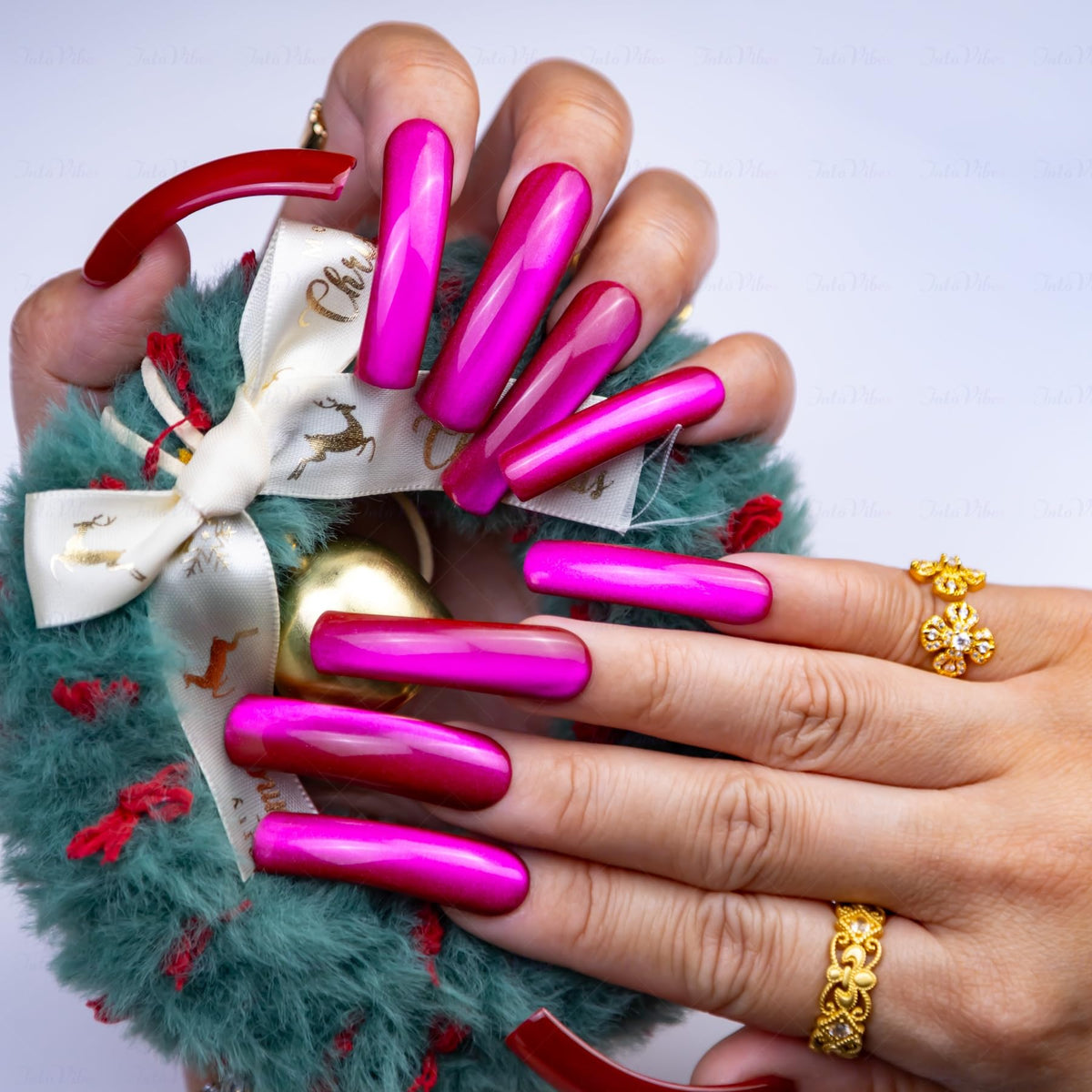 IntoVibes Purple Shimmer XL nails with curved-down groove for natural, salon-quality wear.