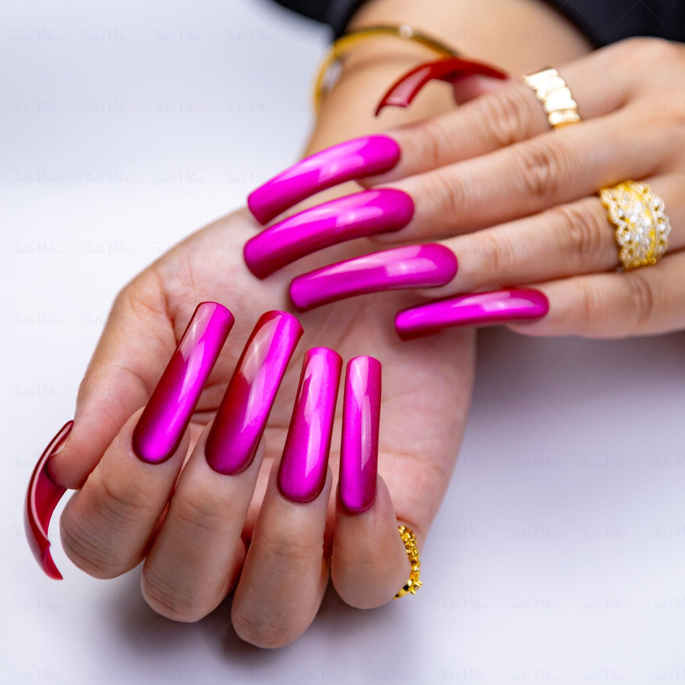 IntoVibes purple shimmer nails in metallic plum finish for daily polished looks.