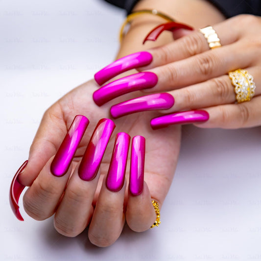 IntoVibes purple shimmer nails in metallic plum finish for daily polished looks.