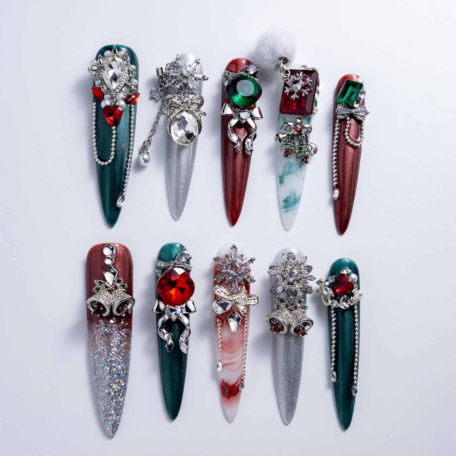 IntoVibes red and green stiietto long-square Christmas nails for festive, durable wear.