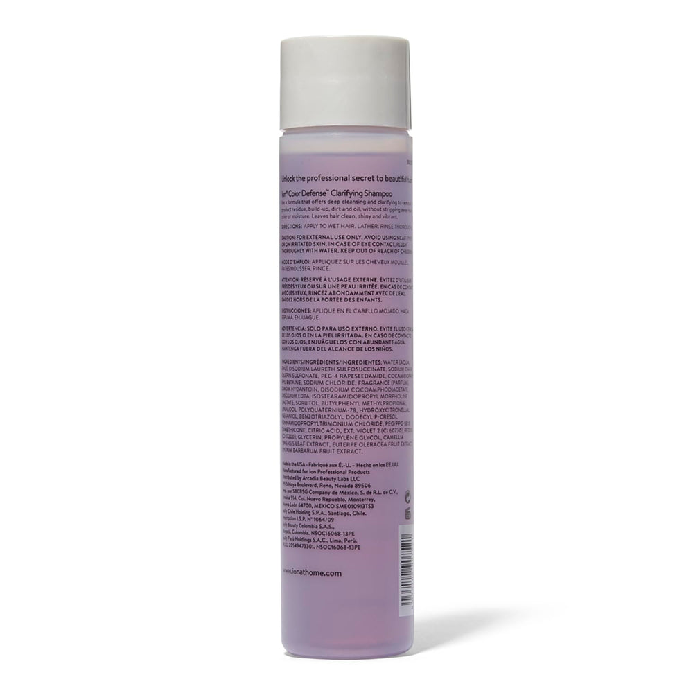 Ion Color Defense Clarifying Shampoo bottle close-up, vegan formula for color-treated hair.