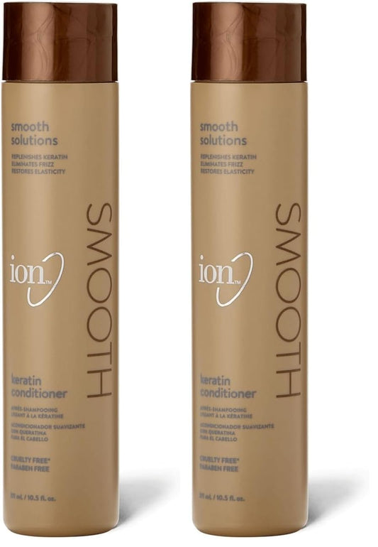 Ion Keratin Smoothing Conditioner bottle pour showing sulfate-free frizz control