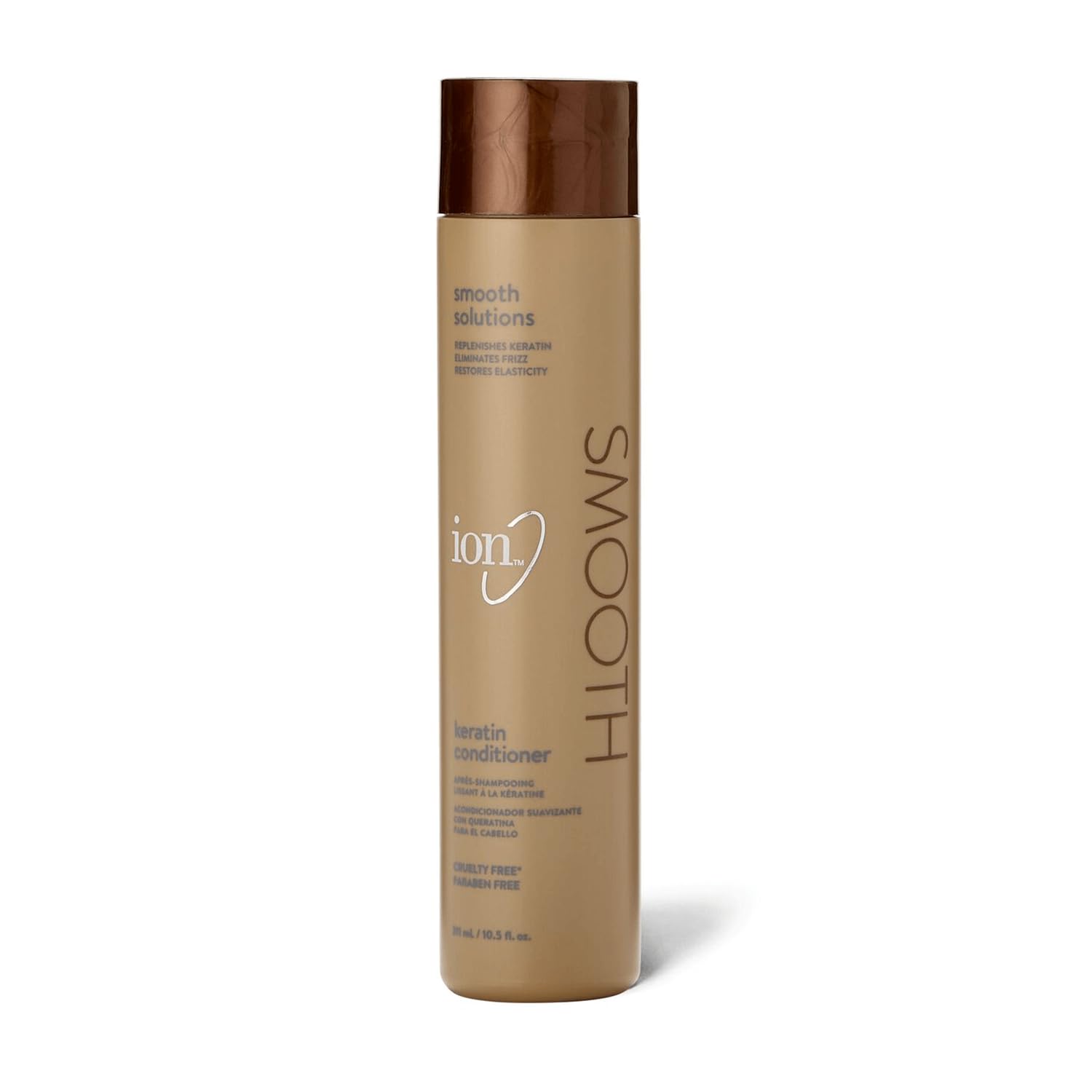 Ion Keratin Smoothing Conditioner bottle demonstrates frizz control on sleek hair