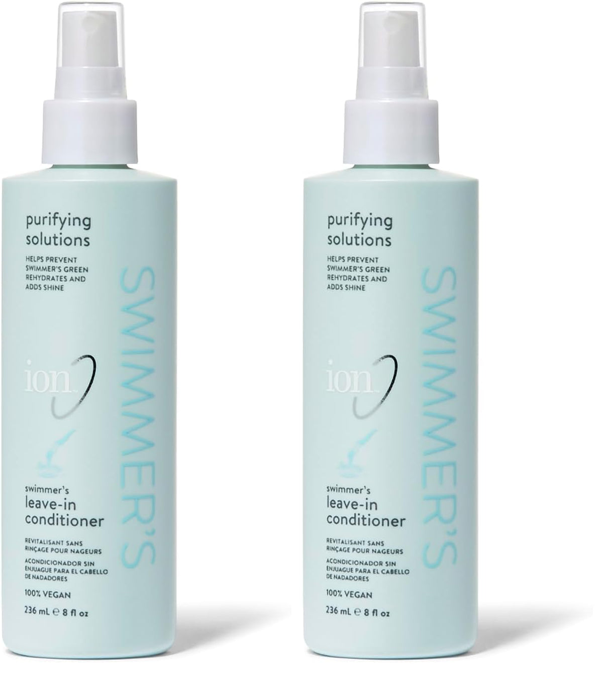 Ion Swimmers Leave-in Conditioner bottle demonstrates sun and water protection for hair.