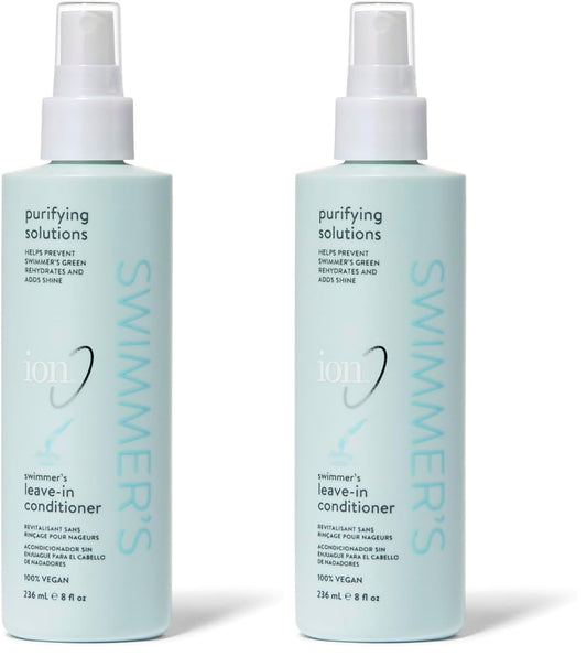 Ion Swimmers Leave-in Conditioner bottle demonstrates sun and water protection for hair.