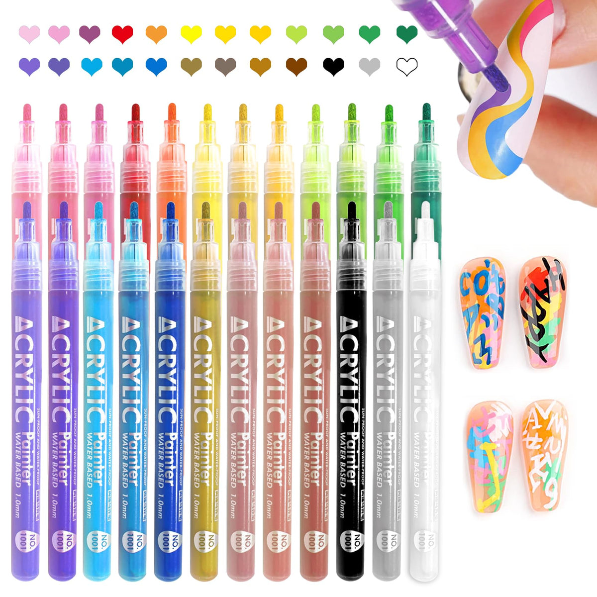 IONSGAKO 24-color nail art pens set showing vibrant hues for precise designs.