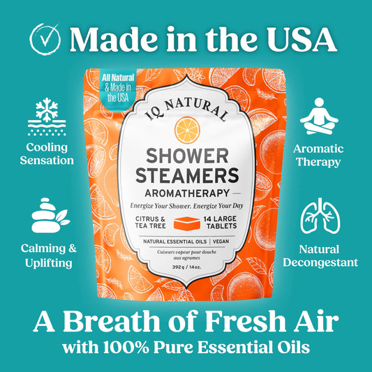 IQNATURAL Citrus Shower Steamer packaging highlighting organicUSA-made formula