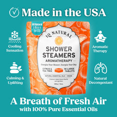 IQNATURAL Citrus Shower Steamer packaging highlighting organicUSA-made formula