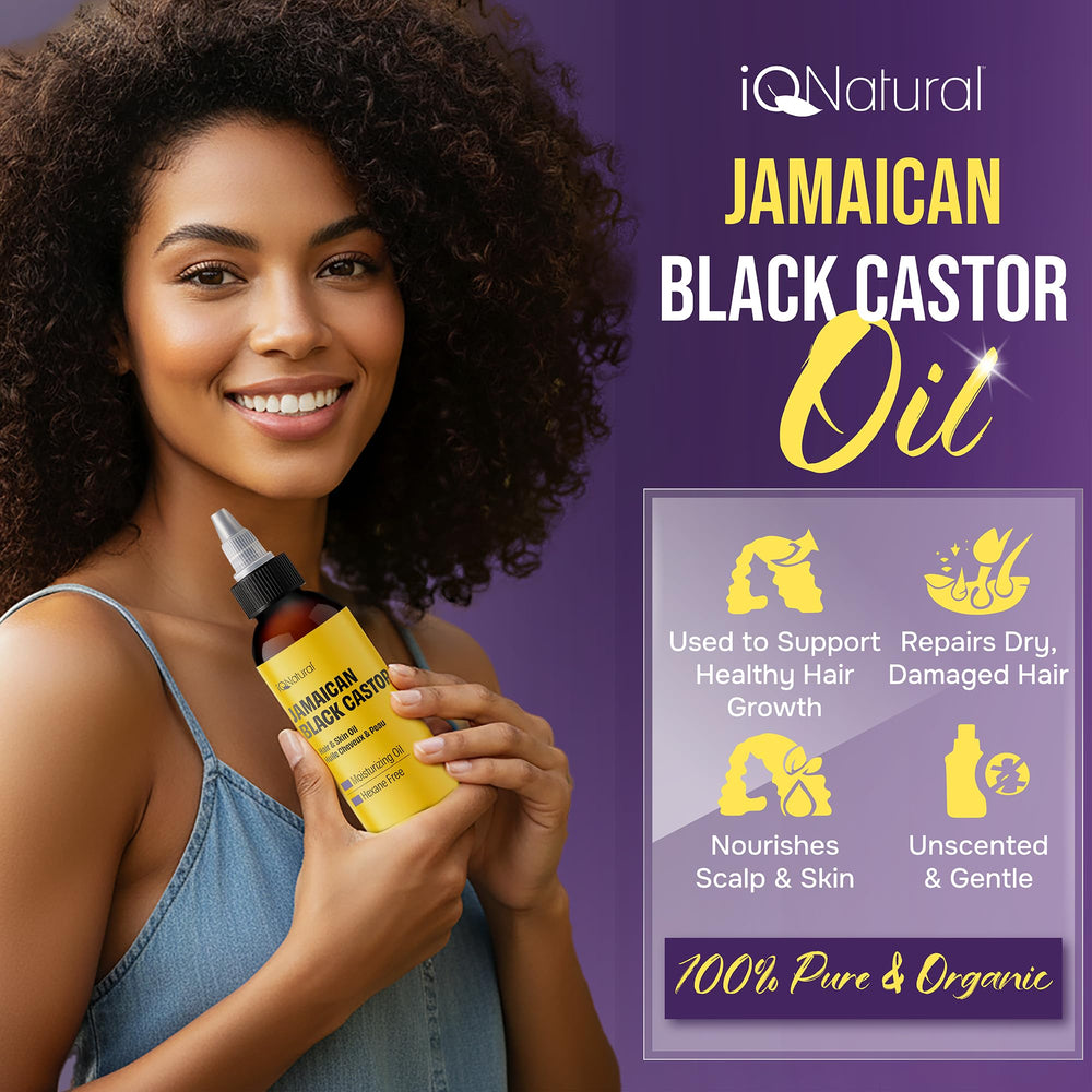 Closeup of IQNatural label on unscented castor oil bottle for pure content.