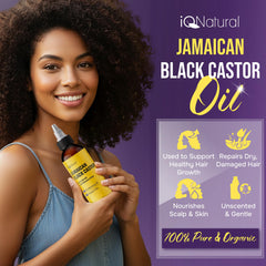 Closeup of IQNatural label on unscented castor oil bottle for pure content.
