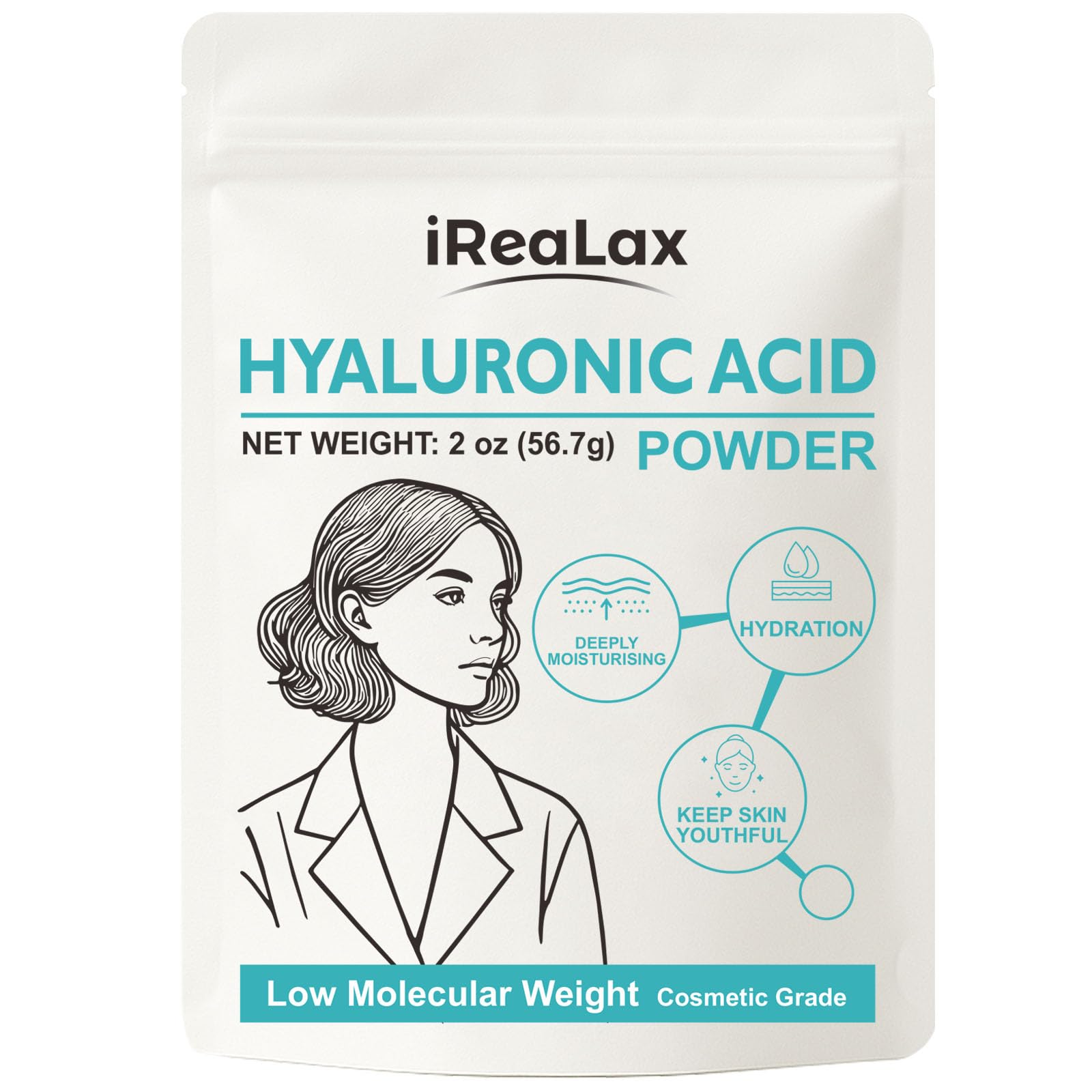 iReaLax Hyaluronic Acid Powder 2oz label, cosmetic grade packaging for DIY serums.