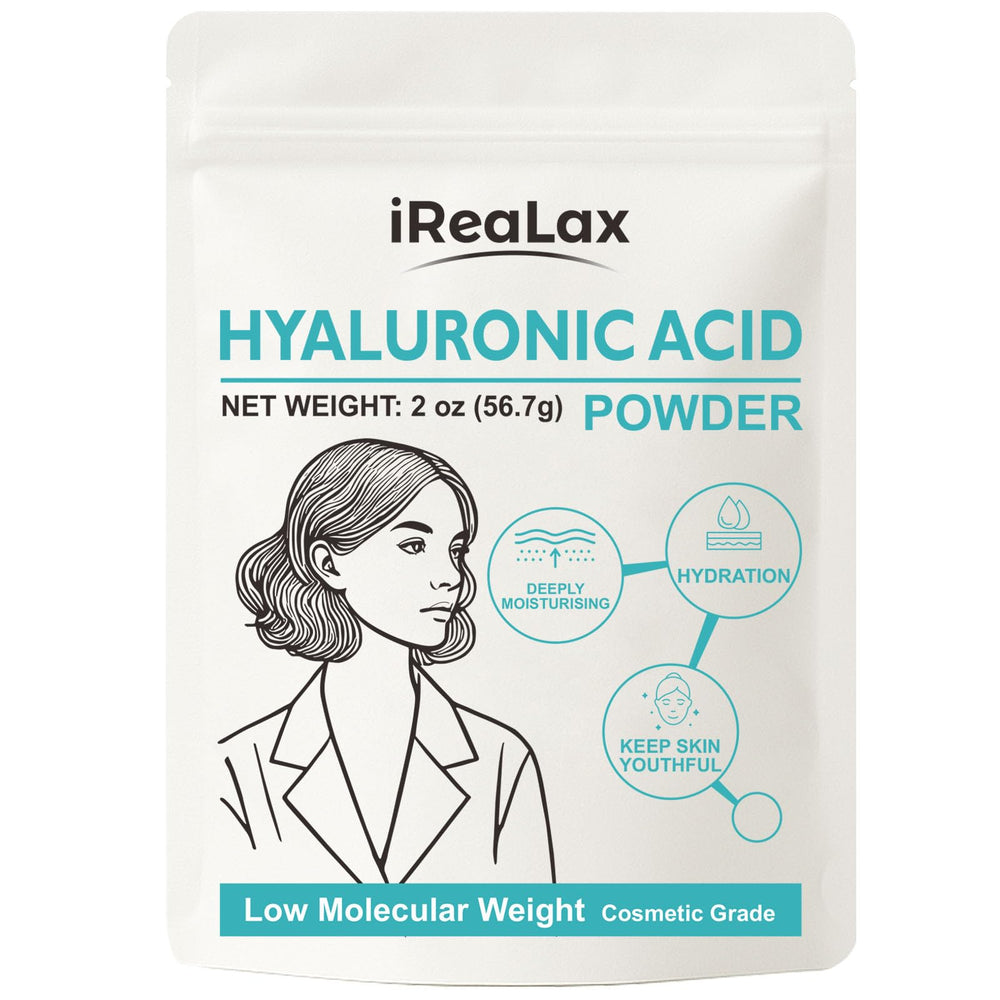 iReaLax Hyaluronic Acid Powder 2oz label, cosmetic grade packaging for DIY serums.