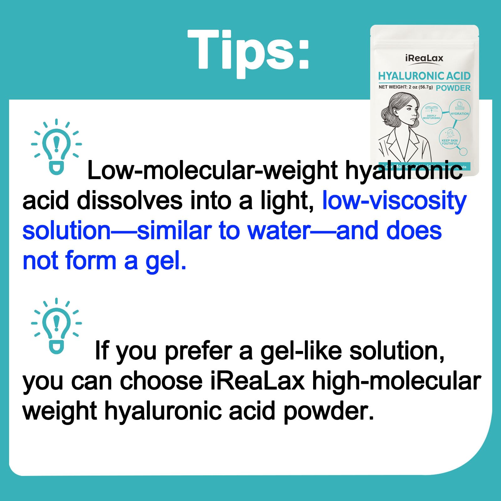 iReaLax powder comparison of low and high MW benefits for balanced moisture.