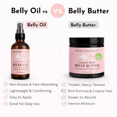 Irene Organics Belly Oil absorbs quickly to soften dry, tight skin.