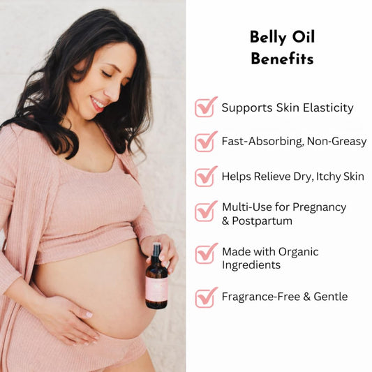 Irene Organics Belly Oil application shows fast absorption for itch relief.