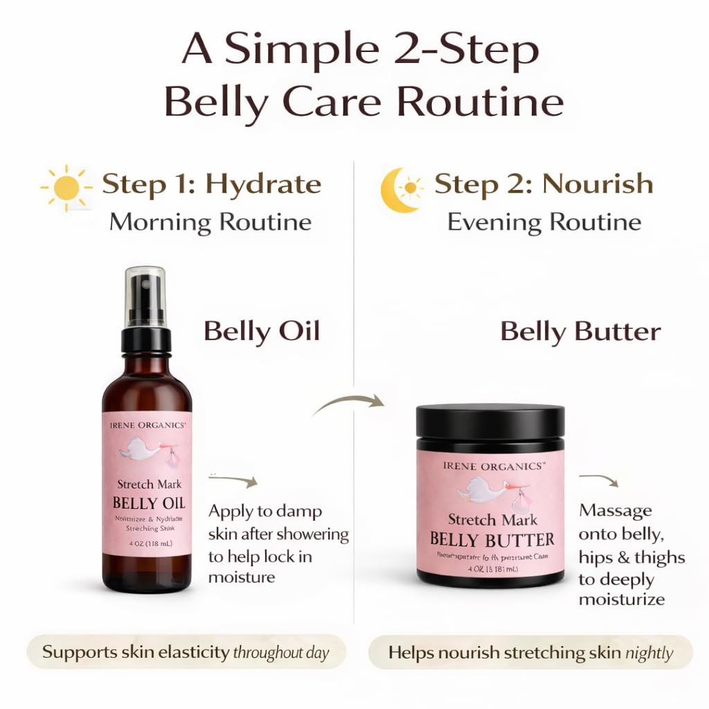 IRENE Organics belly butter application on skin demonstrates gentle massage.