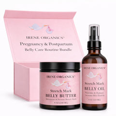 Irene Organics belly butter jar closeup showing hydrating, non-greasy texture for skin care.
