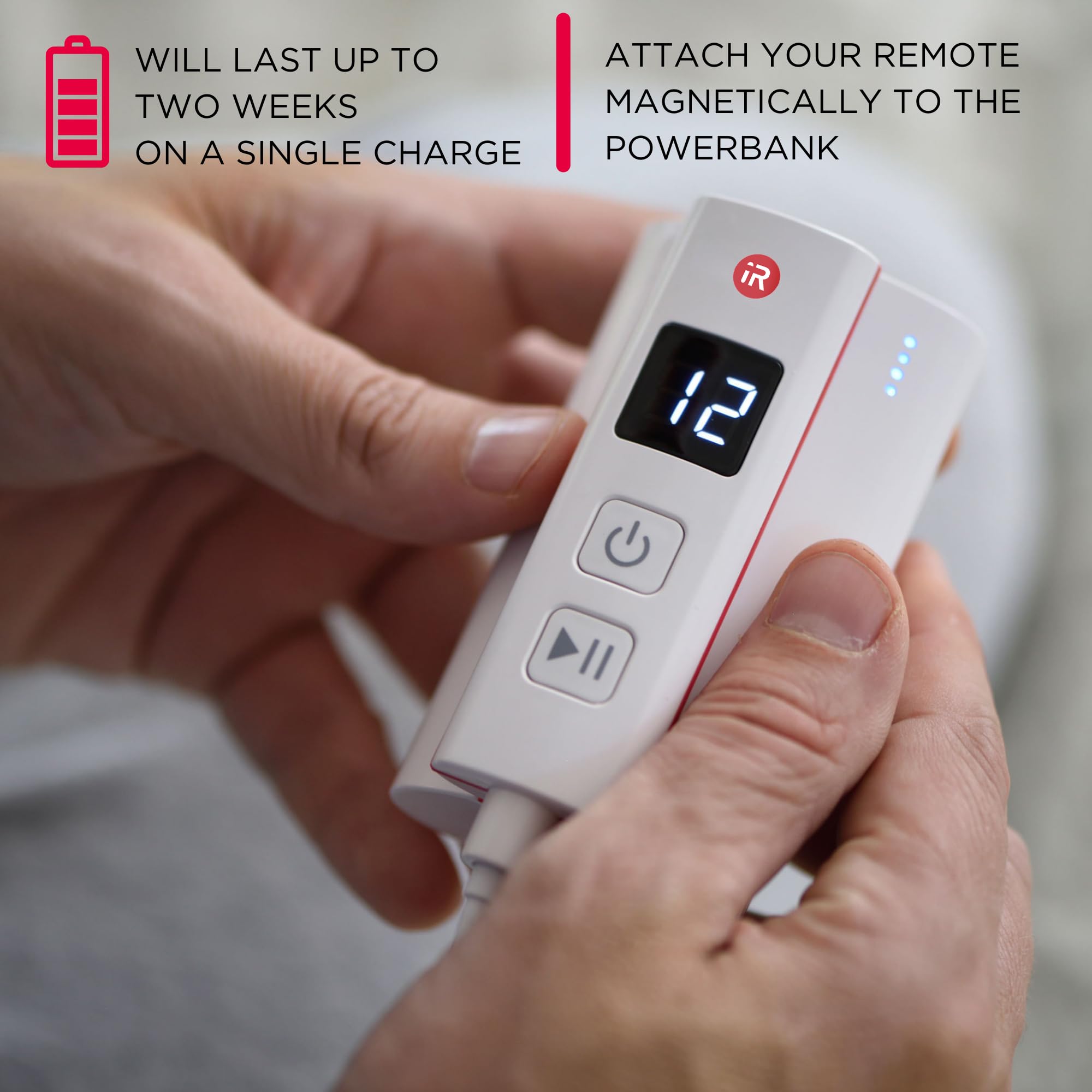 iRestore battery pack's magnetic remote attaches for quick power access.