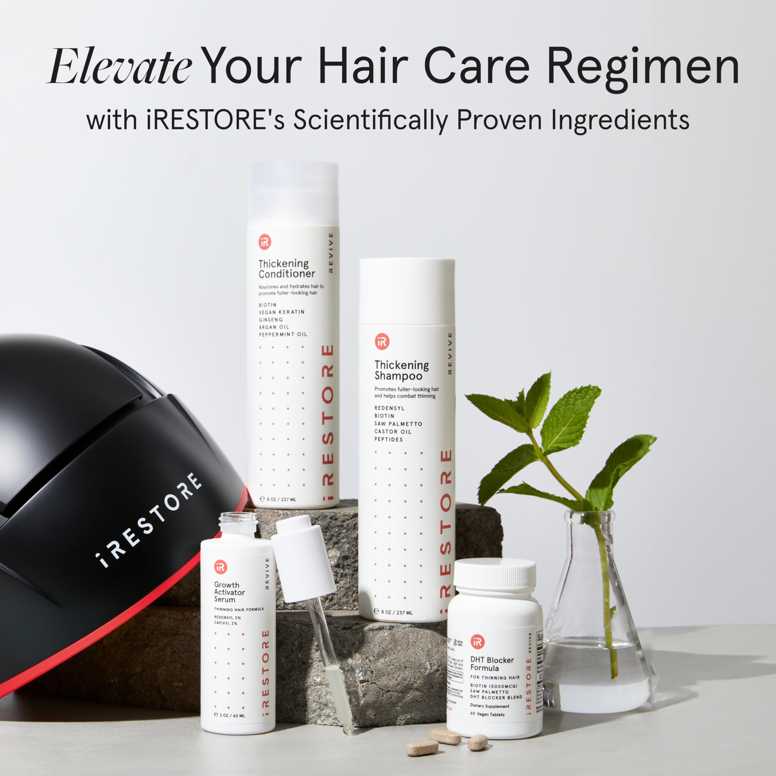 iRestore Biotin conditioner with ginseng and argan oil ingredients shown for nourished hair