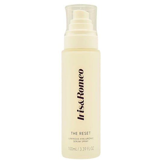 Iris and Romeo The Reset face mist bottle close-up showing hydration-ready container