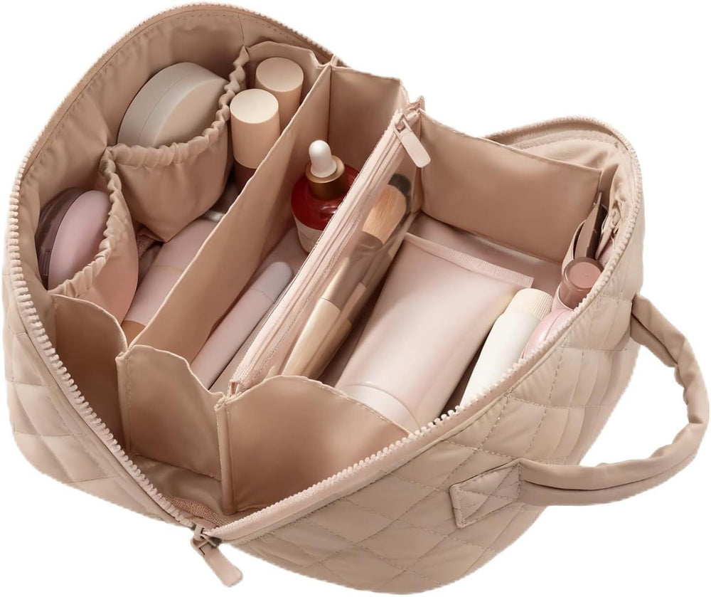 IrisCargo travel makeup bag with wide-open lay-flat design for easy access to cosmetics.