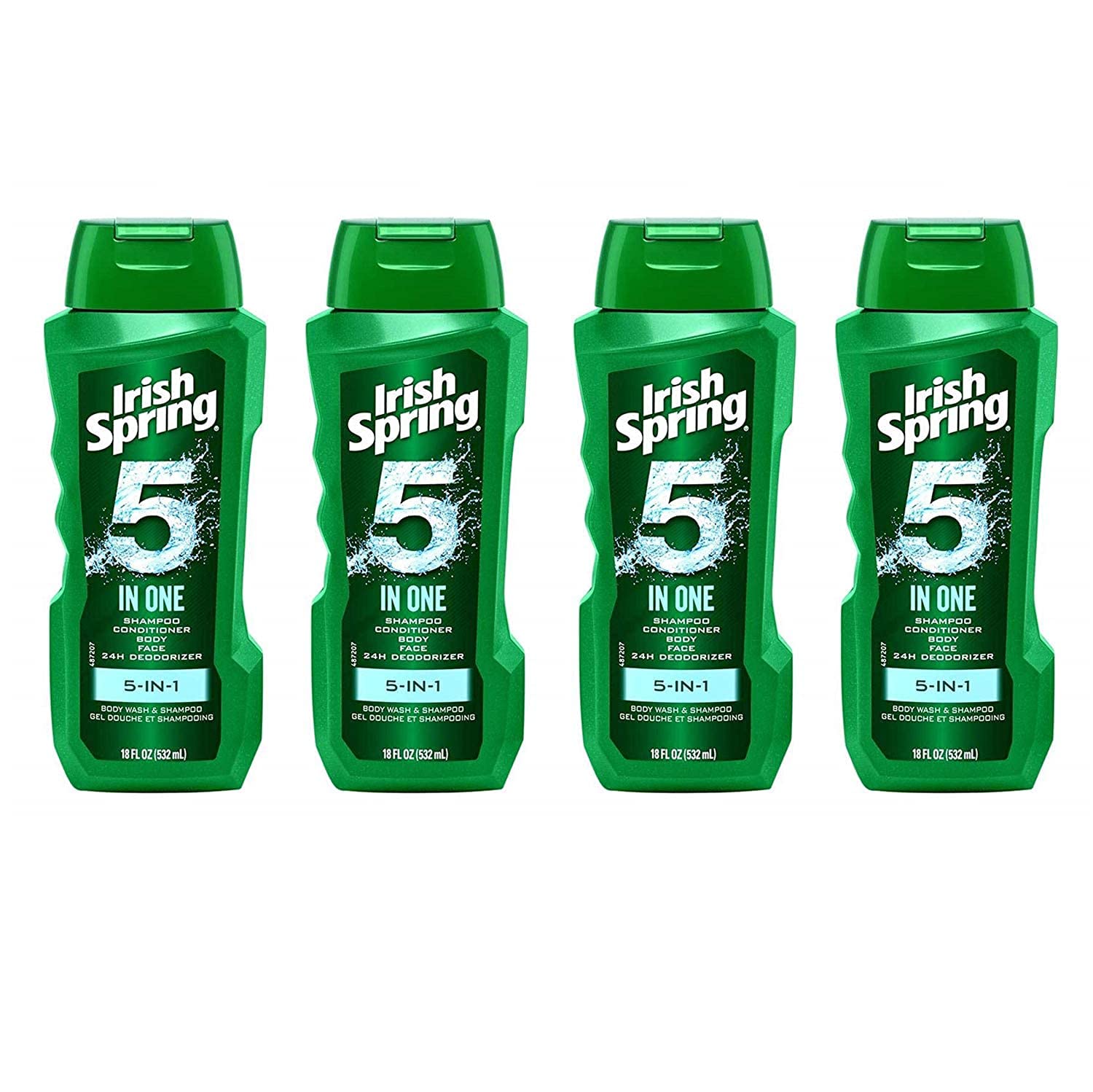 Irish Spring 5-in-1 bottle front highlights an all-in-one grooming solution.