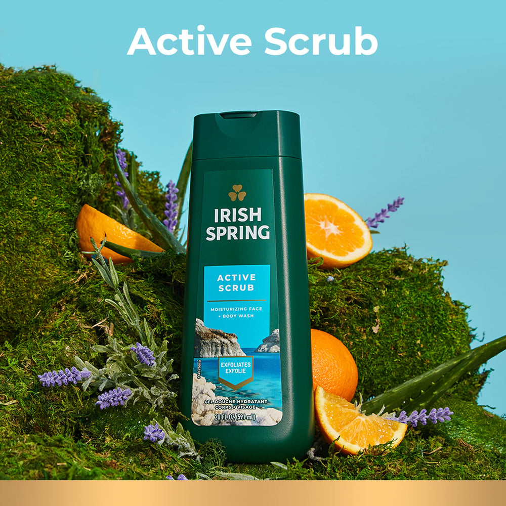 Irish Spring Active Scrub exfoliating particles energize an invigorating shower scrub