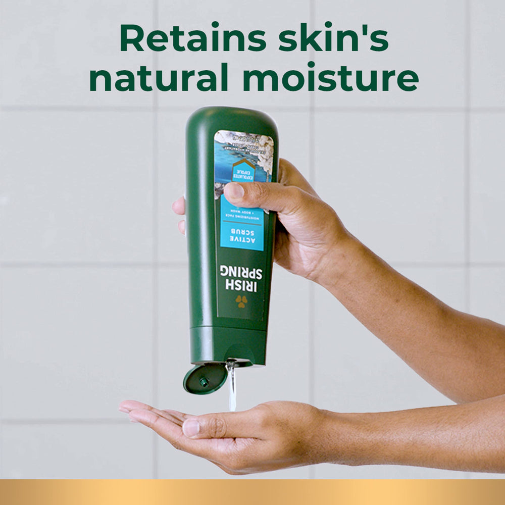 Irish Spring Active Scrub label closeup emphasizes ingredients and clean appeal