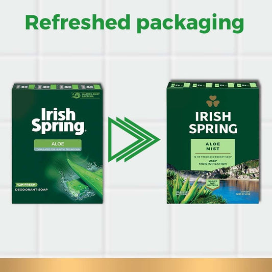 Irish Spring Aloe bar soap label closeup showing aloe infused care.
