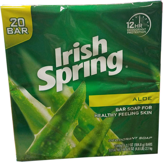 Irish Spring Aloe bar soap packaging shows moisture retention and a refreshing scent.