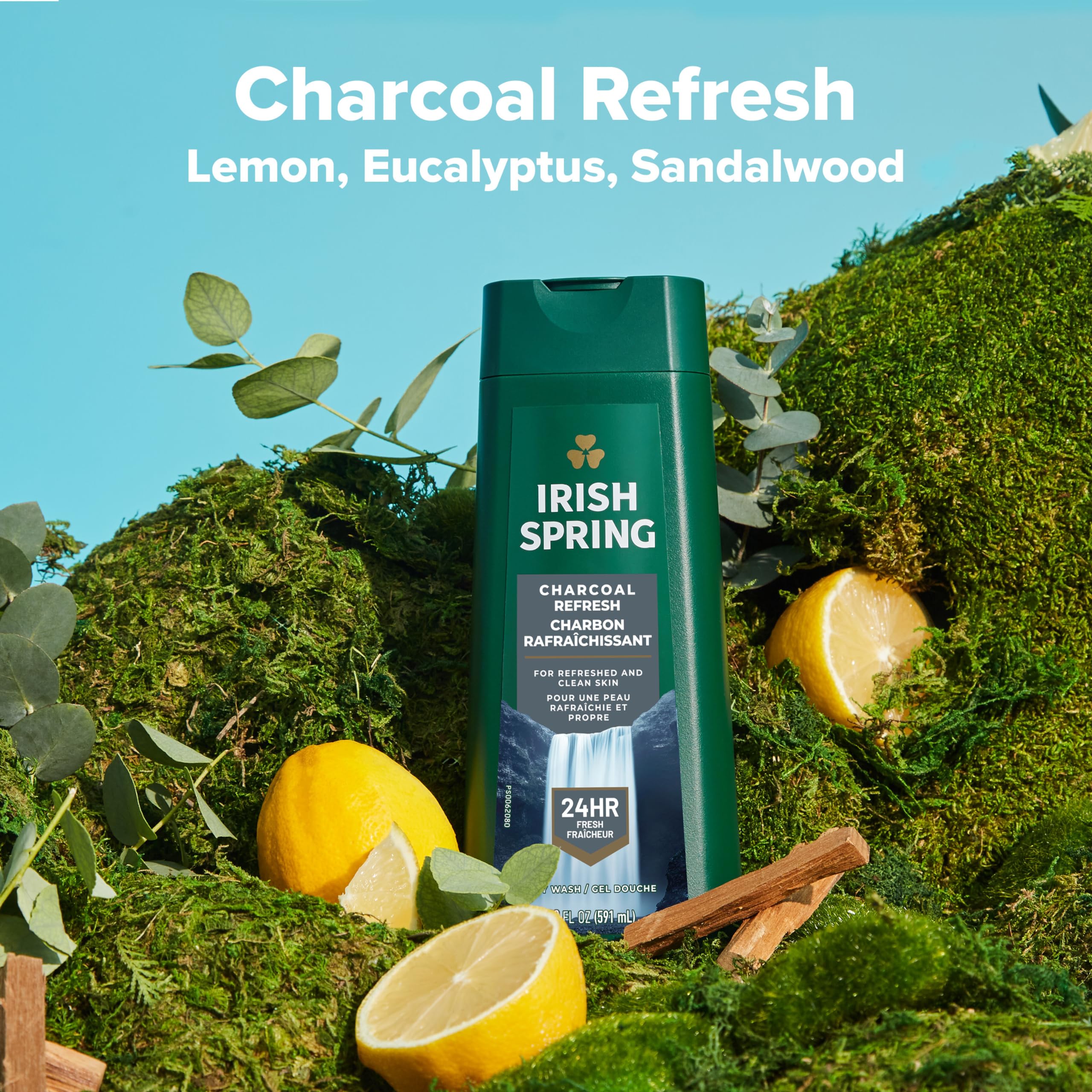 Irish Spring Charcoal Refresh bottle pour ready to lather for a quick wash.