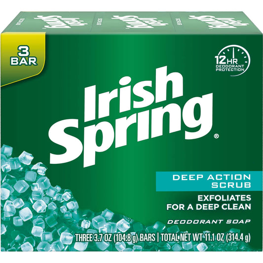 Irish Spring Clean Scrub bar soap front view promotes exfoliation for refreshed skin