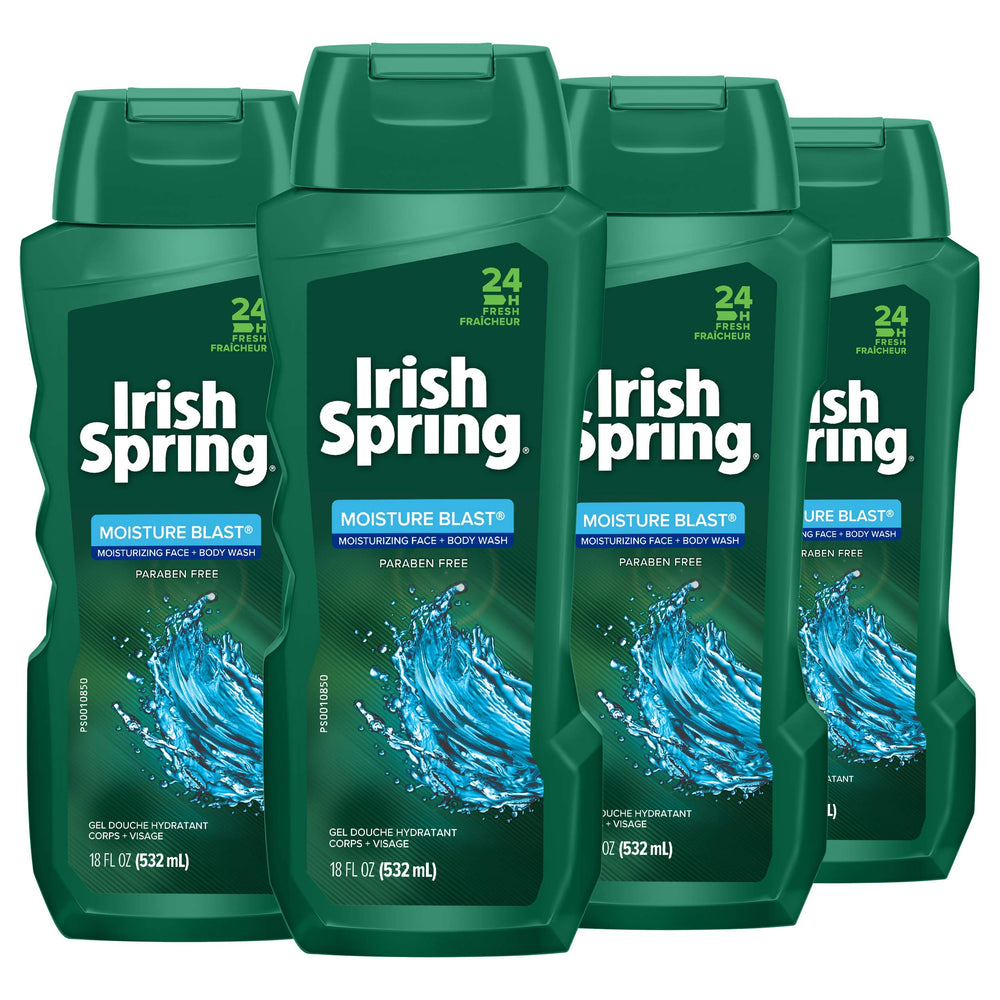 Irish Spring Moisture Blast bottle front view highlights long-lasting freshness.