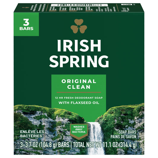 Irish Spring Original deodorant bar soap 3.75 oz with a crisp, refreshing scent.