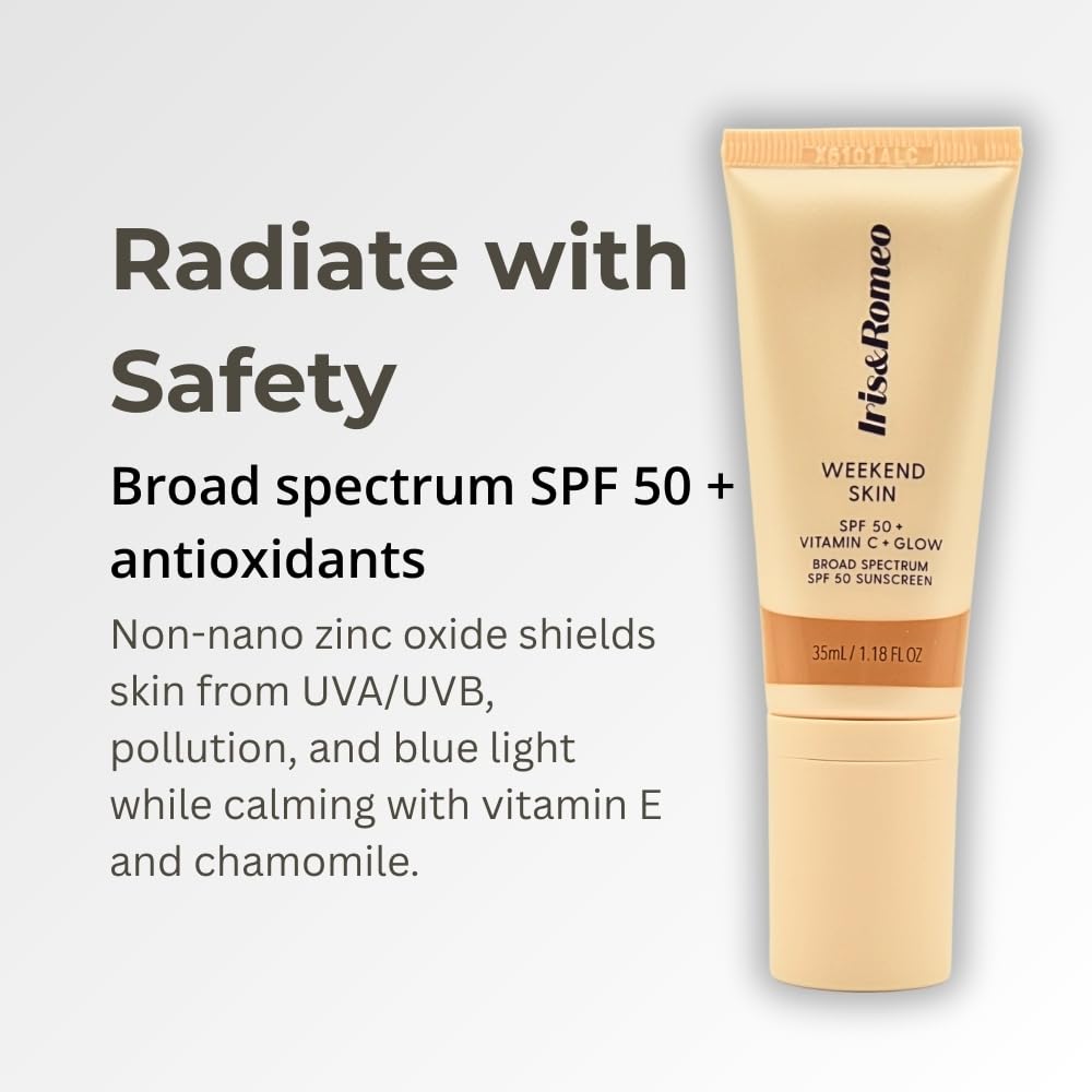 Application on skin for dewy radiance with IRIS&ROMEO Weekend Skin SPF 50.